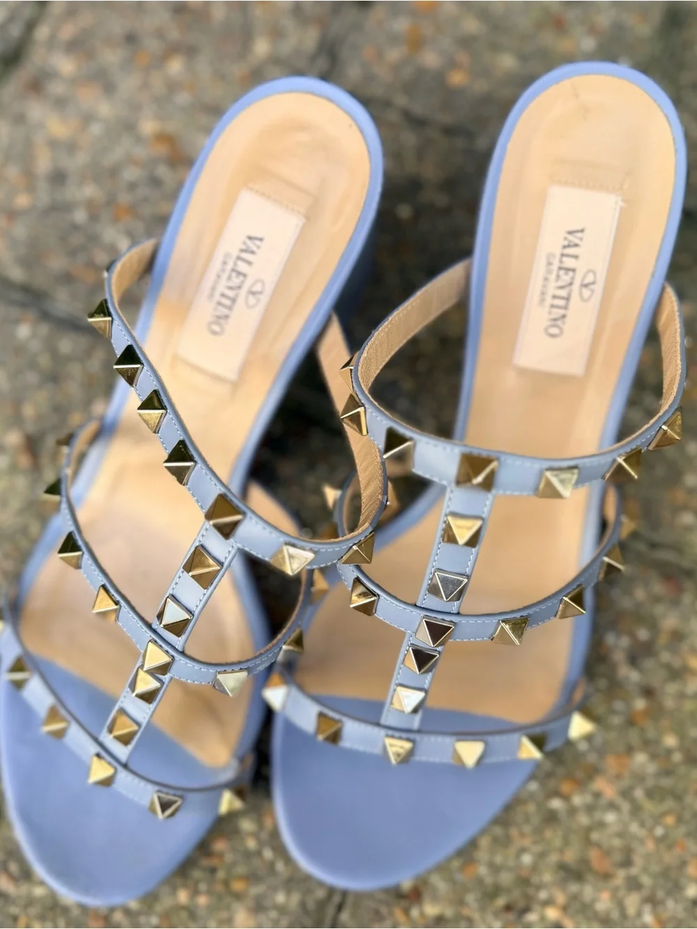 Valentino Garavani Powder Blue Studded Block Heel Sandals
